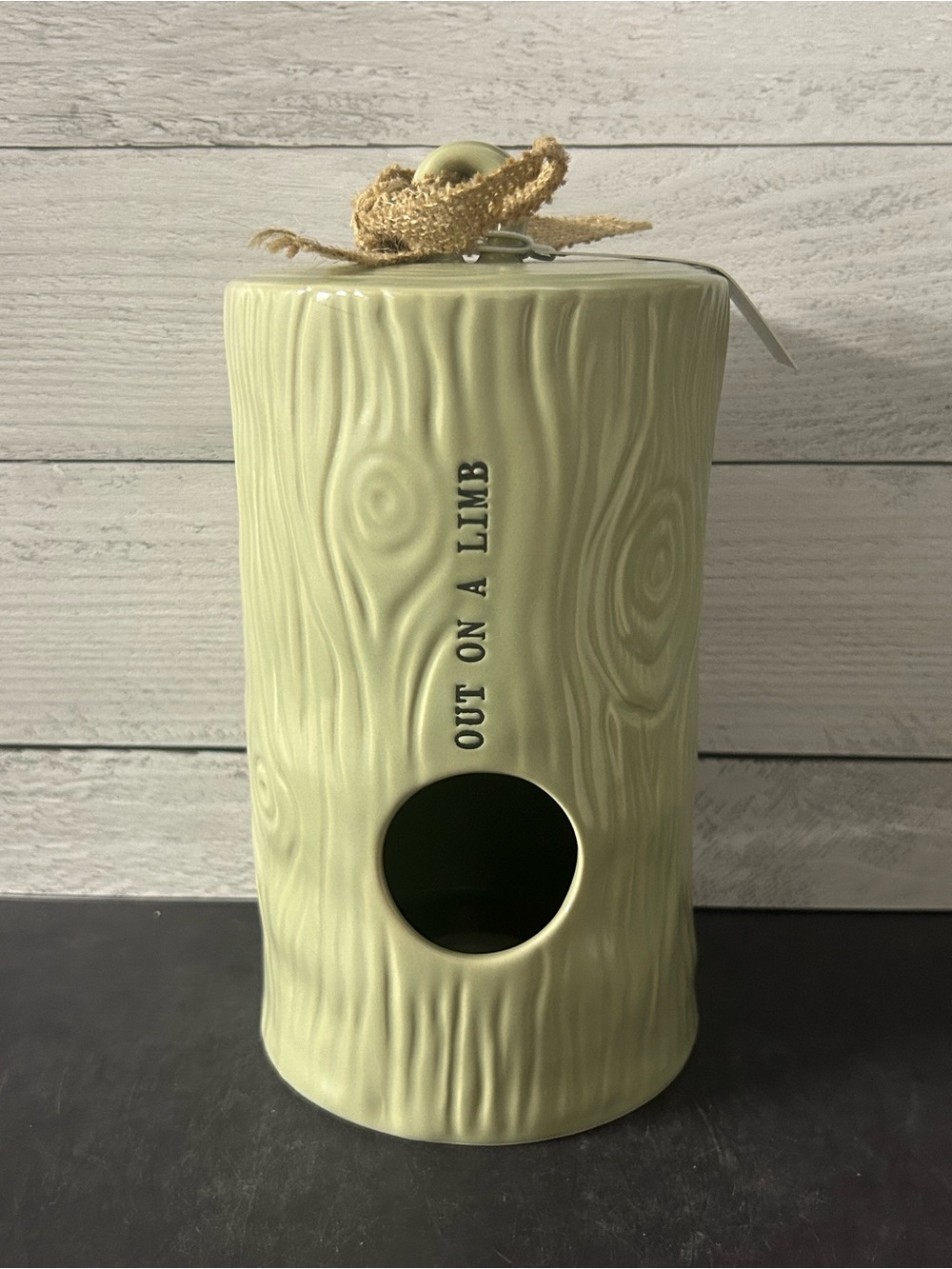 Rae Dunn Pale Sage Out On A Limb Log Birdhouse